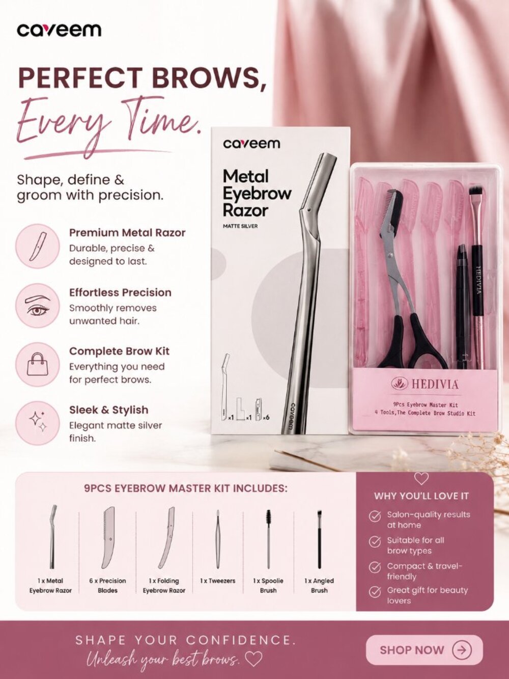 NEW Brow Grooming Bundle | CAVeem Metal Eyebrow Razor + HEDIVIA 9pc Eyebrow Kit